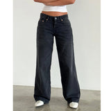 KYLETHOMASW  -  Spring and Autumn Solid Color Loose Jeans Women's Low-rise Wide-leg Pants Multi-Pocket Street Style Washed Jeans American Retro