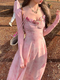 KYLETHOMASW  -  Casual Light Pink Printed Sleeveless Dress Beach Fashion Y2K Vintage Chic Summer French Retro Elegant Chiffon Midi Dress Women