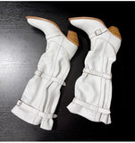 KYLETHOMASW  -  Vintage Pleated Belt Buckle Faux Suede Women Knee High Boots Autumn Winter Fashion High heels Western Cowboy Knight Boots Shoes