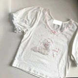 KYLETHOMASW  -  Chic Short Sleeve T-Shirt Women's Summer Dopaamine Sweet Short Style Cat Lace Trim Cotton Polyester Print round Neck Top