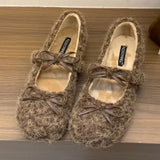 KYLETHOMASW  -  Elegant Purple Fluffy Warm Ballet Flats Women Fall Winter Bow Design Flat Loafers Comfortable Soft Sole Mary Jane Shoes