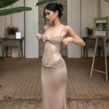 KYLETHOMASW  -  Spaghetti Strap Slim Lace Patchwork Sheer Holiday Party Dresses for Women Summer Khaki Sheath Slim Fit Streetwear Vestido