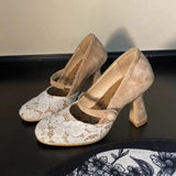 KYLETHOMASW  -  khaki Suede Lace Patchwork Mary Jane Pumps Retro Floral Lace Overlay Ankle Strap Block Heel Elegant Women's High Heels