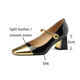Kylethomasw Spring/Autumn Women Pumps Split Leather Shoes for Women Square Toe Chunky Heel High Heels Elegent Mixed Colors Mary Janes Shoes