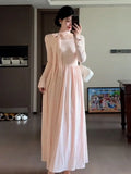 KYLETHOMASW  -  Pink Long Sleeve  Knot Maxi Dress Women's High Waist Gentle Style Spring Autumn Long Skirt A-Line Dress Korean Style
