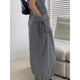 Kylethomasw Vintage Off-shoulder Solid Color Casual Mid-length Dress Women Summer New Korean Drawstring Pleated Loose Sling Dress