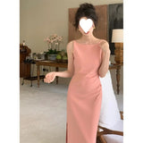 KYLETHOMASW  -  Elegant High Waist Slit One Shoulder Women's Dress Stylish A-Line Skirt Cotton Blend Sleeveless Midi Dress for Middle-Aged Women