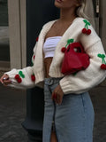 Kylethomasw   -  Fashion 3d Cherry Patchwork Knitted Cardigan Women Long Sleeved Cropped Sweater Top Autumn Elegant Commuting Street Outwear