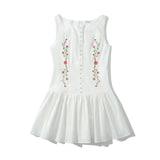KYLETHOMASW  -  Sexy White Embroidery Floral Low Waist Mini Tank Dress Women Open Buttons Neck Bodycon Sleeveless Ruched Hem Swing Party Robe