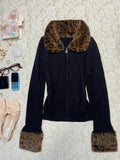 KYLETHOMASW  -  Vintage Y2k Black Leopard Print Fur Patchwork Jackets Spring Autumn Thin Coat Women 2025 New Slim Fit Zipper Tops Mujer