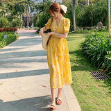 KIylethomasw Summer Bohemian Yellow Women's Senior Sense Chiffon V-neck High Waist Thin Temperament Elegant Fashion Seaside Resort Long Dress