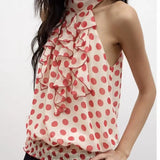 KYLETHOMASW  -  Fashion Original Design Red Polka Dot Half Turtle Collar Halter Stitching Ruffled Loose Sleeveless Top T-Shirt Women Chic