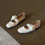 KYLETHOMASW  -  Women's Brown Leather Mary Jane Flats Square Toe Elastic Strap Flower Decoration  Casual Shoes Stylish Spring/Summer Footwear