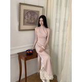 KYLETHOMASW  -  New Chinese Style Stand Collar Cheongsam Lace Pink Dress Slim Waist Long Skirt