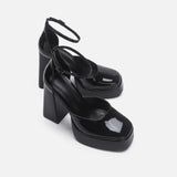KYLETHOMASW  -  Women's Black Ultra High Heel Waterproof Platform Lacquer Leather Round Toe Thick Sole Single Shoe Large High Thick Heels