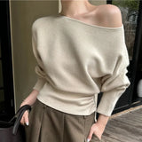 Kylethomasw Vintage Strapless Solid Color Casual Long-sleeved Sweater Women Autumn New Slant Collar Loose Button Pleated Knitted Tops