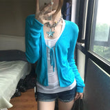 KYLETHOMASW  -  Harajuku Lace Up Cardigan Women Long Sleeve Blue Knit Sweater Y2k Japanese Vintage Tops 2000s Streetwear Cardigans Coat