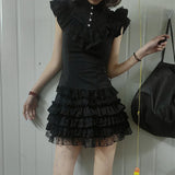 KYLETHOMASW  -  Goth 2Piece Set Y2k Slim Lace Sweet Womens Dresses Short Sleeve Button Party Dress Harajuku 90s Emo Grunge Summer Lolita Suit