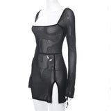 KYLETHOMASW  -  New Euramerican Thin See-throught Square Collar Long Sleeve Shirts Spice Girl Side Split Punk Top Y2k Punk All Match Short Dress