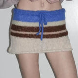 KYLETHOMASW  -  Sexy Striped Patchwork Knitted Skirt Women's Autumn and Winter High Waisted Drawstring Slim Fit Hip Wrap Mini Skirt