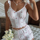 KYLETHOMASW  -  summer new pink small floral pit strip fabric fungus edge v-neck suspender pajamas two-piece set women