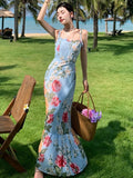 KYLETHOMASW  -  French Style Floral Print Womens Dresses Elegant Spaghetti Strap Bodycon Party Long Dress Summer Holiday Beach Vestidos Robe New