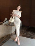 KYLETHOMASW  -  Skew Collar Long Dresses Solid Spring Summer Elegant Sexy Vestidos Mujer Korean Fashion Bodycon Dress Women