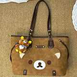 KYLETHOMASW  -  Japanese Sweet Cute Bear Tote Bag Women Brown Leather Large Capacity Shoulder Bag Ladies Cartoon Versatile Preppy Style Handbag