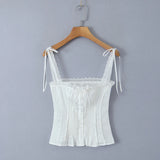 KYLETHOMASW  -  White Spliced Lace Slash Collar Ribbon Bow Strap Summer Corset Women Summer Tank Tops Pleated Slim Through Buttons Crop Top
