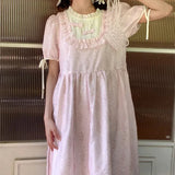 KYLETHOMASW  -  Korean Commute Summer New Women's Patchwork Folds Ruffles Printed Crew Neck Bow Drawstring Short Sleeve Loose Sweet A-line Dress
