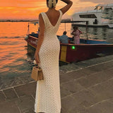 KYLETHOMASW  -  Solid Color Hollow Knitted Beach Vacation Dress Elegant Sleeveless Skinny Cover-up Dress Women Sexy Perspective Swimwear Dress