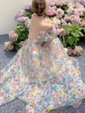 KYLETHOMASW  -  Women's French Puff Sleeves Floral Long Dress Summer Korean Fashion Cool and Breathable Bare Shoulder Vestidos Robe