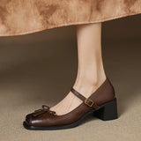 KYLETHOMASW  -  Butterfly-knot Elegant Shallow Mouth Women Pumps 2025 Mary Jane Fashion Square Toe Metal Buckle Thick Heel Dress Ladies Footwear