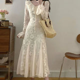 KYLETHOMASW  -  Flowers Mermaid Dresses for Women Flare Sleeve Korean Fashion Long Dress Spring Autumn Elegant Vestidos Mujer