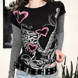 KYLETHOMASW  -  Heart Guitar Graffiti Printed Fake Two Piece Tops Mujer Early Spring New T-shirts for Women Y2k Slim Fit Long Sleeve Tee Shirt