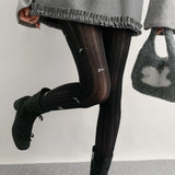 KYLETHOMASW  -  Nighttime Classroom Grey Tights Women's Spring Autumn Style Retro Hollow Vertical Stripe Socks  Knot Printed Base La...