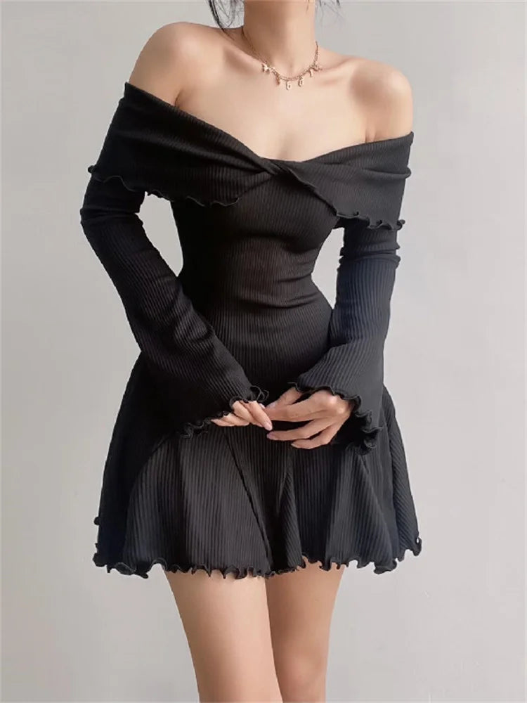 Kylethomasw Black Knit Ruffled Mini Dress Women Patchwork Off-Shoulder Loose Slim Fashion Ribbed Dress Knitwear Clothes Female Dress