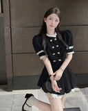 KYLETHOMASW  -  Socialite High end Black Two Piece Set Women Outfits Summer Short Slim Lace Bubble Sleeve Top High Waist Pleated Skir