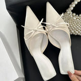 KYLETHOMASW  -  New Butterfly-knot Women Slipper Summer Pointed Toe  Slip on Ladies Mules Thin Low Heel Satin Slide Sandals Zapatos Mujer