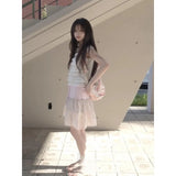 KYLETHOMASW  -  Japanese Floral Print Sweet Knee Length Skirt Women Summer High Waist Lace Up Contrast Color Patchwork Fold A-line Skirt