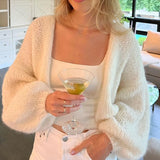 KYLETHOMASW  -  Women Fuzzy Knitted Sweater Preppy Long Lantern Sleeve Open Front Solid Color Cardigan Fall Cropped Coat Y2k Vintage Knitwear