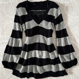 KYLETHOMASW  -  Women Y2K Black Grey Striped Knit Sweater V‑Neck Flare Long Sleeve Lace Splice Peplum Hem Vintage Casual Slim‑Fit Top