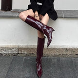 KYLETHOMASW  -  Burgundy Patent Leather High-Top Long Boots For Women Wine Red Pointed Toe Slip On Botas Largas De Mujer Kitten Low Heels Mature