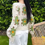 KYLETHOMASW  -  Korean Version Women's Floral Crochet Knit Top Hollow Out Long Sleeve Casual Summer Loose Cropped Knitwear Blouse