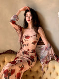 KYLETHOMASW  -  Women Vacation Clothes Sweet Floral Print 2 Piece Outfit Sexy Sling Slim Dress And Ruffled Tops Coat Set Suits Casual Autumn New