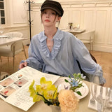 KYLETHOMASW  -  Women Shirts Ruffles Bandage Long Sleeve Spring New Fashion French Style Elegant Loose Blouse Ladies Casual Tops