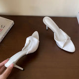 KYLETHOMASW  -  Fashion Silk Women Thin Heels Pumps Slides Shoes Female Slip On Footwear Round Toe Ladies High Heels Shoes