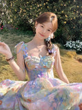 KYLETHOMASW  -  Women's Summer Long Princess Dress Butterfly Strap High Waist Oil Painting Floral Fairycore A-line Midi Sundress Female