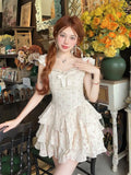 KYLETHOMASW  -  2025 Girl Dress Sweet Floral Square Neck Bow Women Korean Version Slimming Style Spliced Fluffy Cute Sweet Dresses