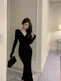 KYLETHOMASW  -  Sweet Hot Girl Sexy V-neck Twisted Dress Women's Autumn Lace-up Slim Fit Hip Wrapped Mermaid Long Dress Fashion Female Clothes